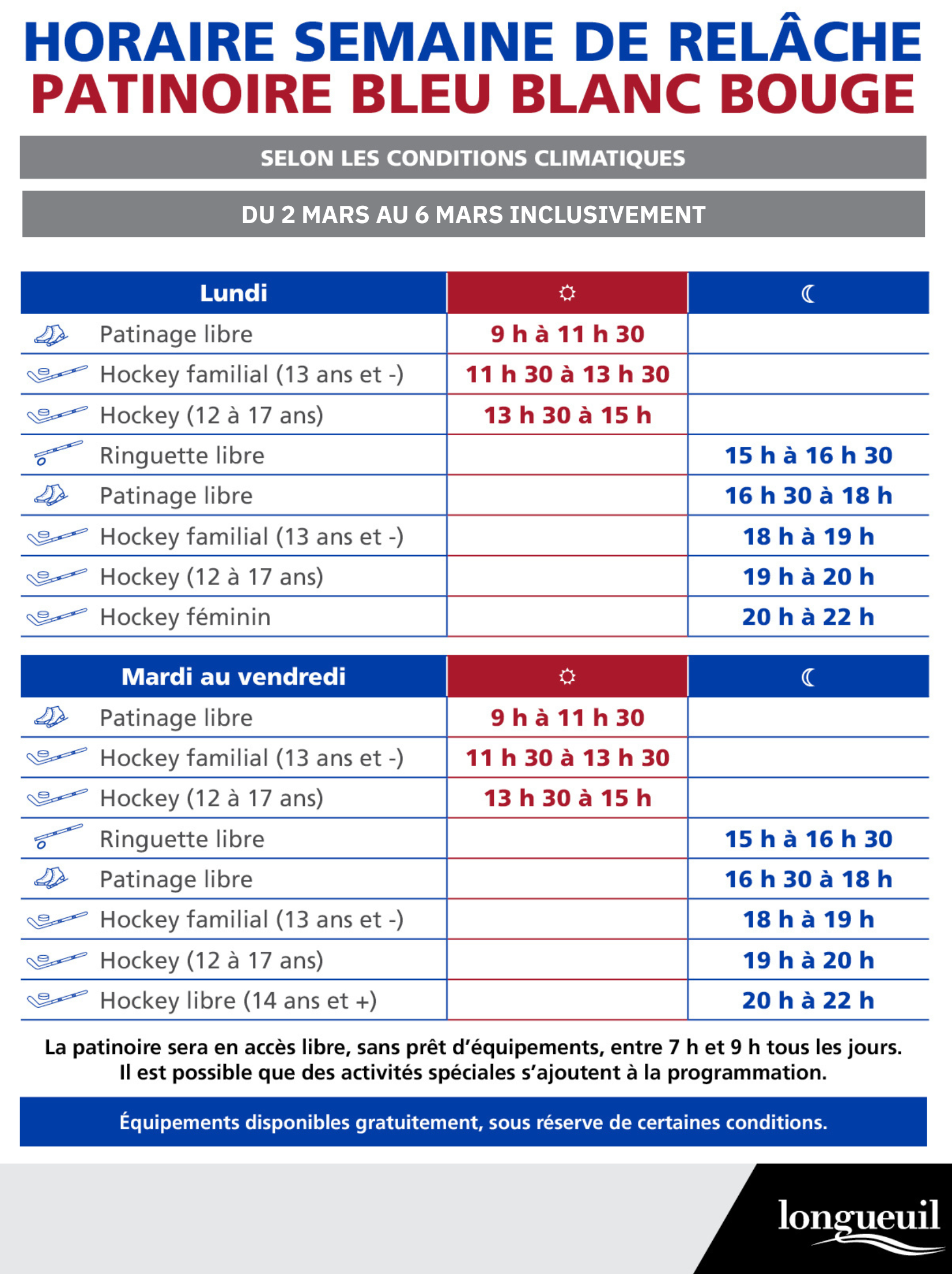 Horaire BBB semaine de relâche 